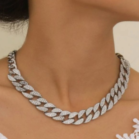 Silver Adjustable Iced Out Cuban Bling Necklace - Picture 1 of 3
